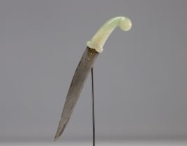 Mongolian-style dagger, jade handle, damascened blade with gold inlay.