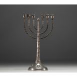 Judaica - Solid silver Menorah with Malachite cabochons.