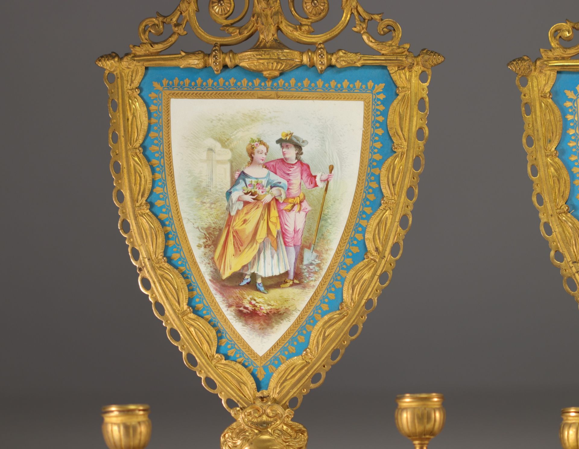 A pair of Sevres porcelain sconces with chased ormolu mounts. - Image 4 of 6