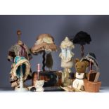Set of various doll accessories, clothes, headdresses and children's games, including a small tin se