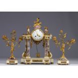 Louis XVI style portico clock and candlesticks in Carrara marble and gilt bronze