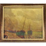 Georges HAWAY (1895-1945) "Boats on the beach" Oil on panel.