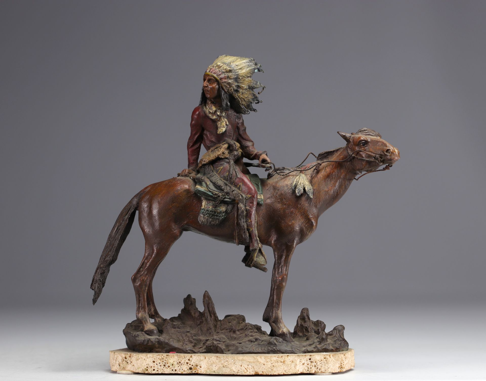 Carl KAUBA (1865-1922) "Indian chief on horseback" Vienna polychrome bronze.