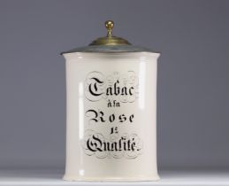 Large porcelain tobacco pot "Tabac a la Rose 1ere Qualite", Gothic font, 19th century.