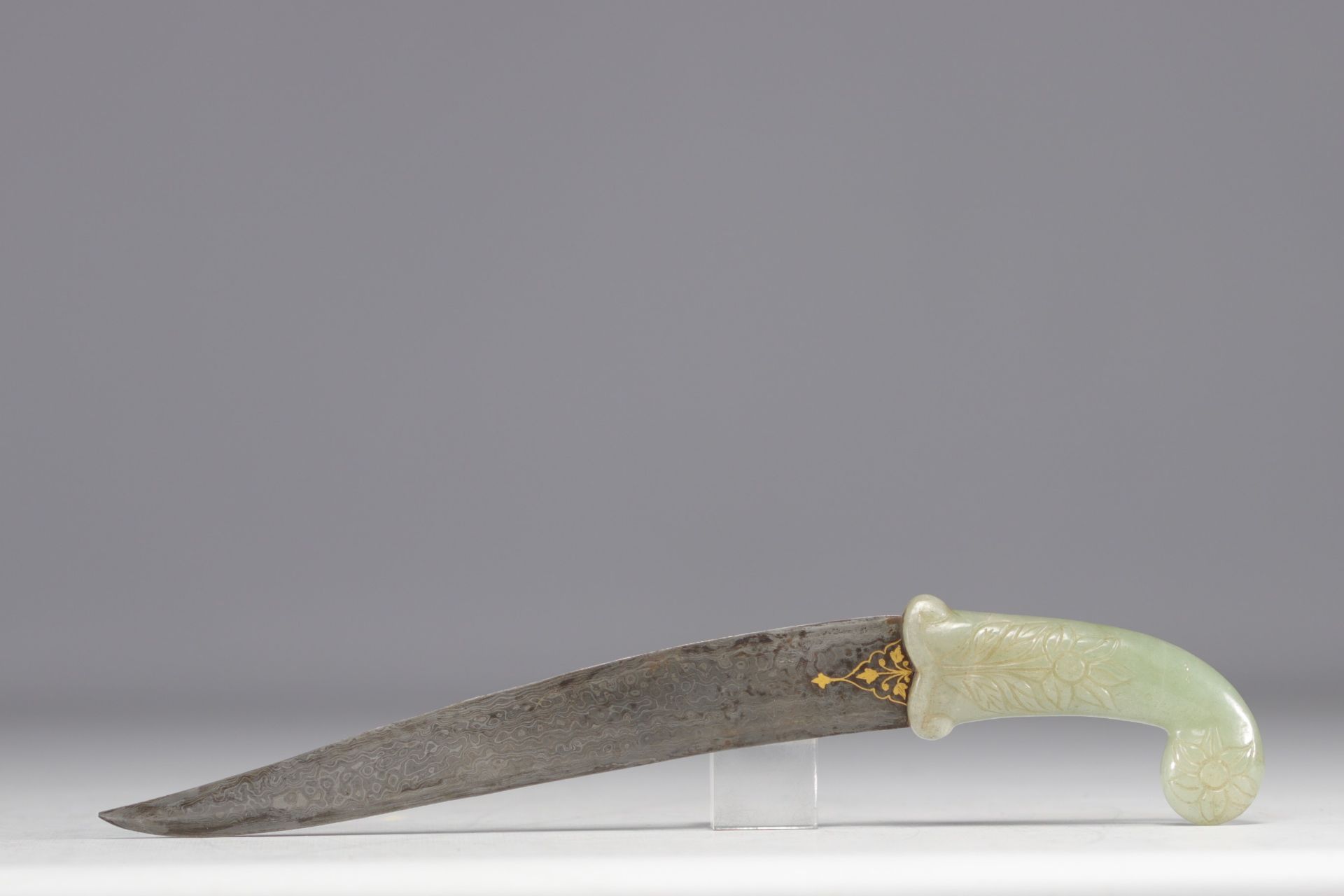Mongolian-style dagger, jade handle, damascened blade with gold inlay. - Image 2 of 3