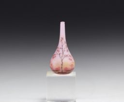 DAUM Nancy - Miniature vase decorated with a Japanese cherry tree on a pink background.