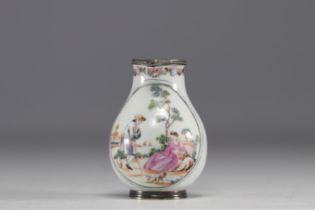 China - Compagnie des Indes porcelain coffee pot, silver and vermeil mount with Famille Rose romanti