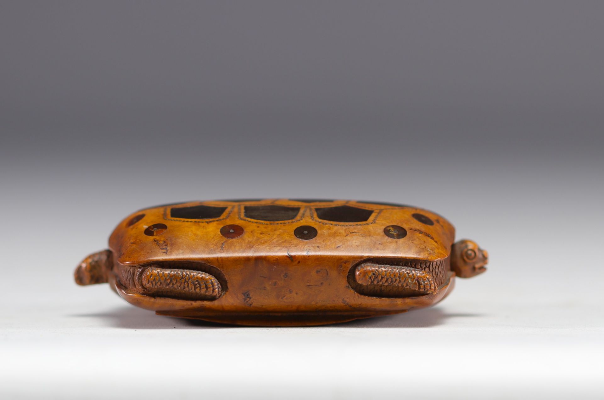 Rare snuff box in the shape of a turtle carved with inlays and nails, 19th century - Image 7 of 8