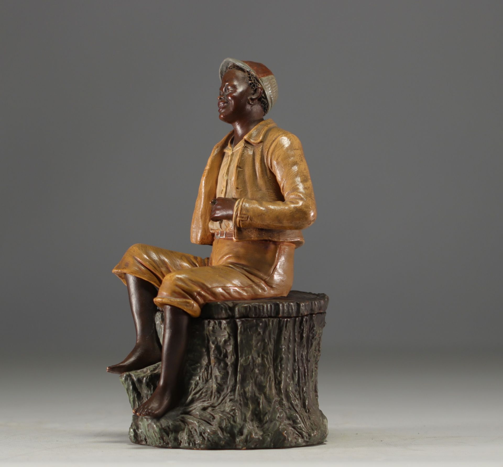 Bernhard BLOCH (1836-1909) "Young African with cigar" Beautiful polychrome terracotta tobacco pot. - Image 3 of 4
