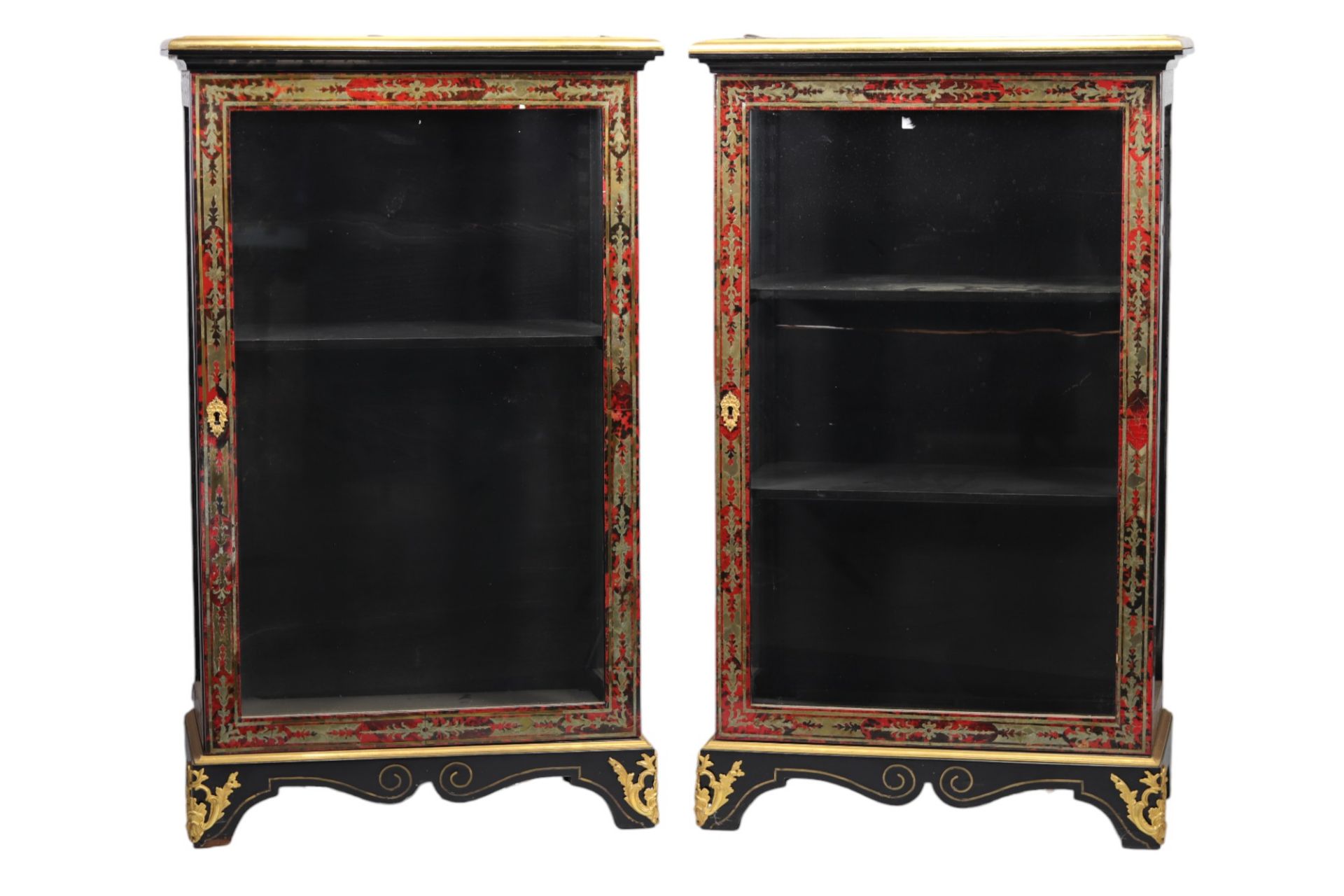 Pair of Boulle marquetry display cabinets in tortoise shell and brass from Napoleon III period