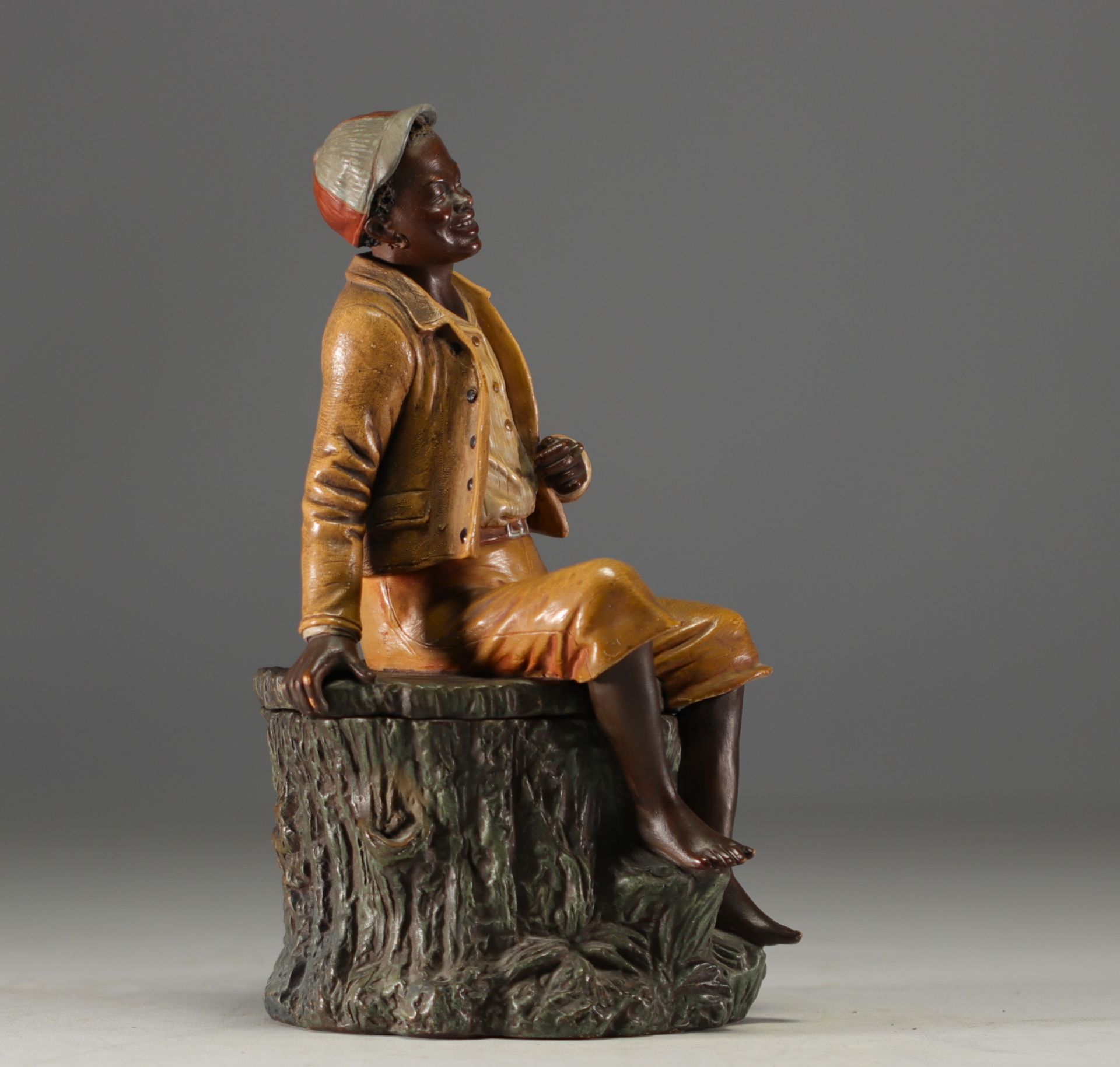 Bernhard BLOCH (1836-1909) "Young African with cigar" Beautiful polychrome terracotta tobacco pot. - Image 2 of 4