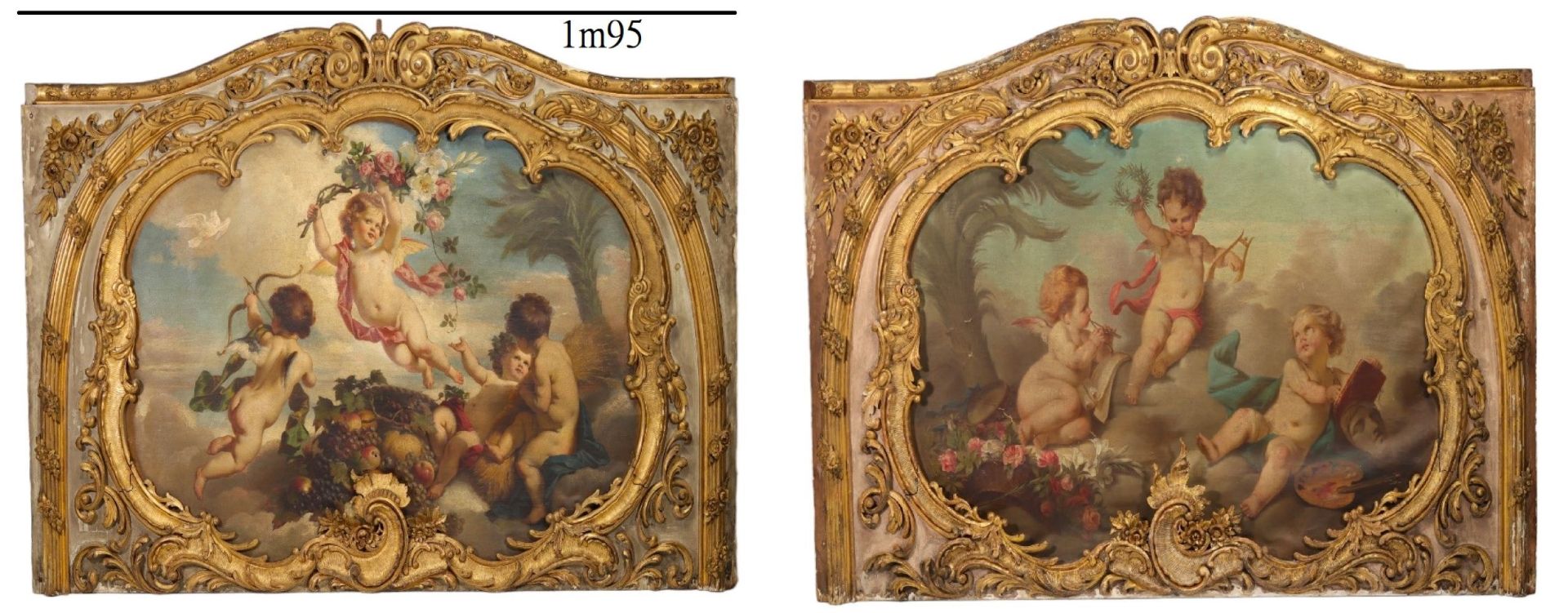 Very important pair of architectural elements in gilded wood decorated with oil on canvas in the Put
