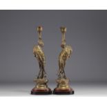 Jules MOIGNIEZ (1835-1894) "Les echassiers" Pair of bronze candlesticks.