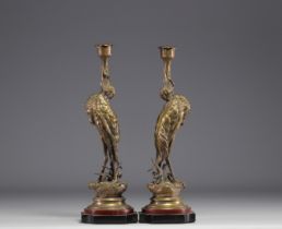 Jules MOIGNIEZ (1835-1894) "Les echassiers" Pair of bronze candlesticks.