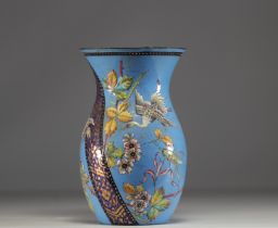 Enamelled vase with heron and flower design, circa 1900.