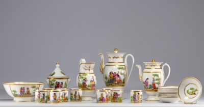Coffee and tea service in Brussels porcelain with figures, 19th century.