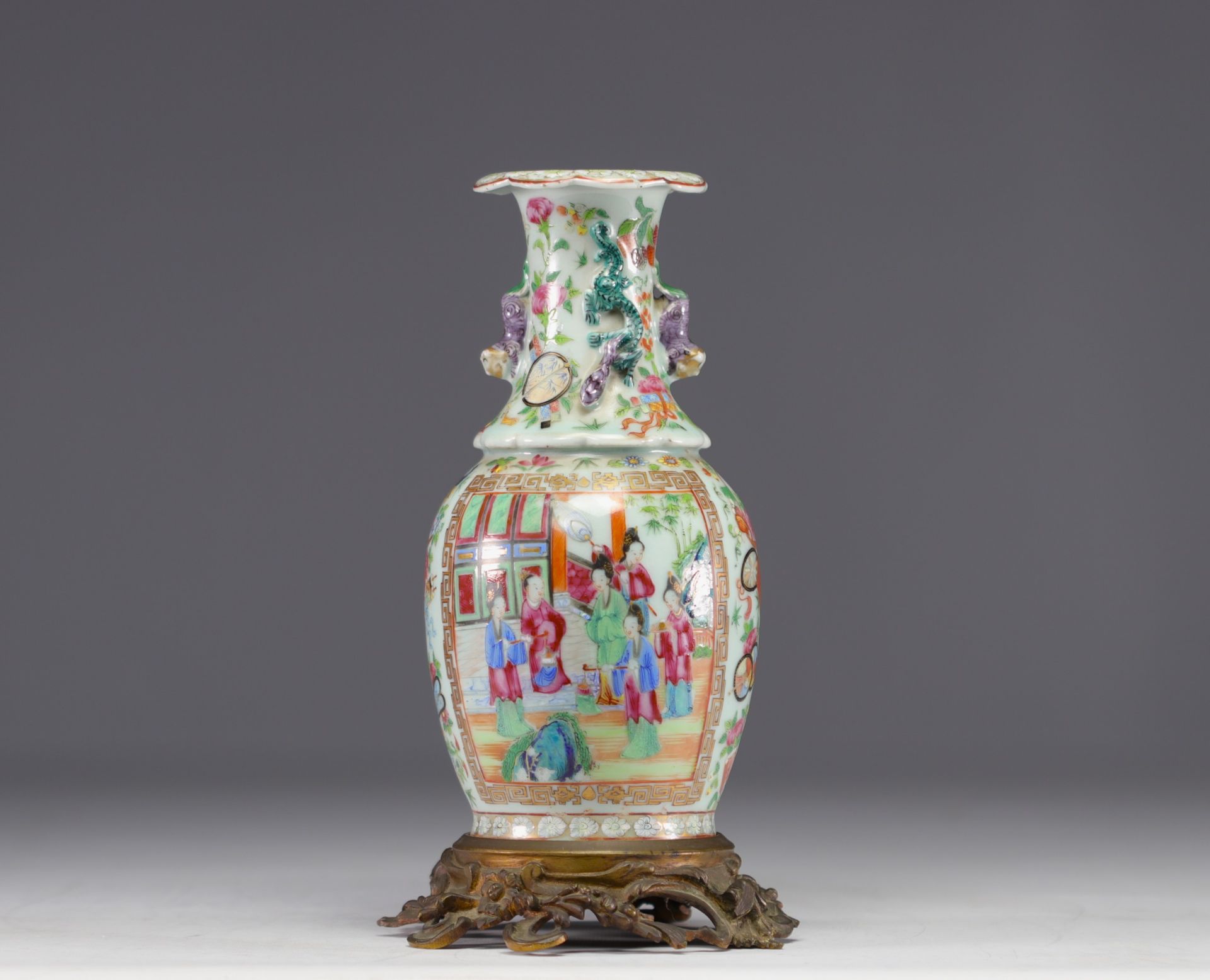 China - Canton porcelain vase mounted on bronze, 19th century.