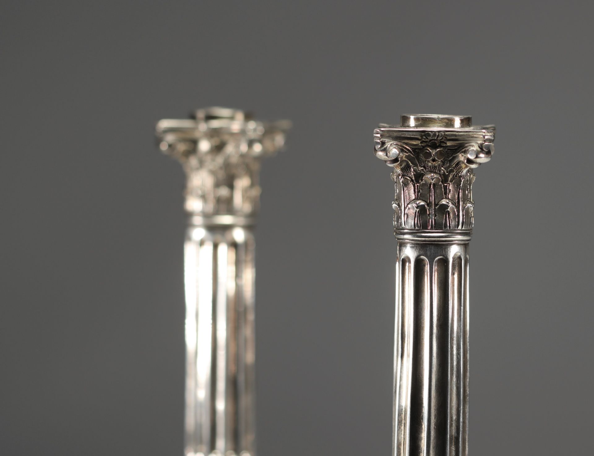 A pair of solid silver candlesticks with column decoration, hallmarked Tournai, Belgium, 18th centur - Image 4 of 5