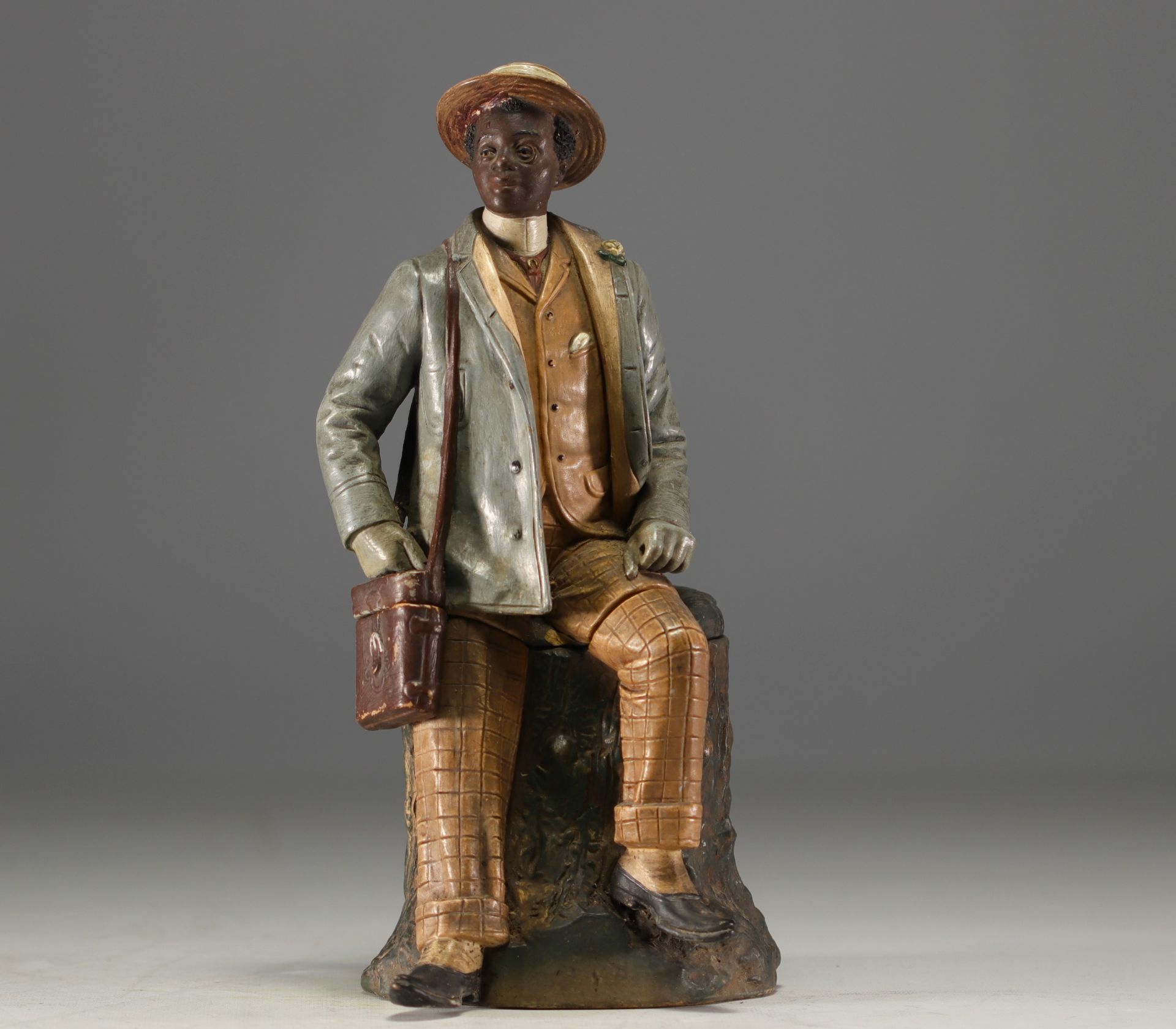 Bernhard BLOCH (1836-1909) "Young African dandy" Polychrome terracotta tobacco pot.