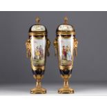Sevres - Pair of bronze mounted porcelain covered cassolettes "Romantic scenes".