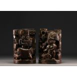 2 Paiwan sculptures in sculpted wood . Taiwan