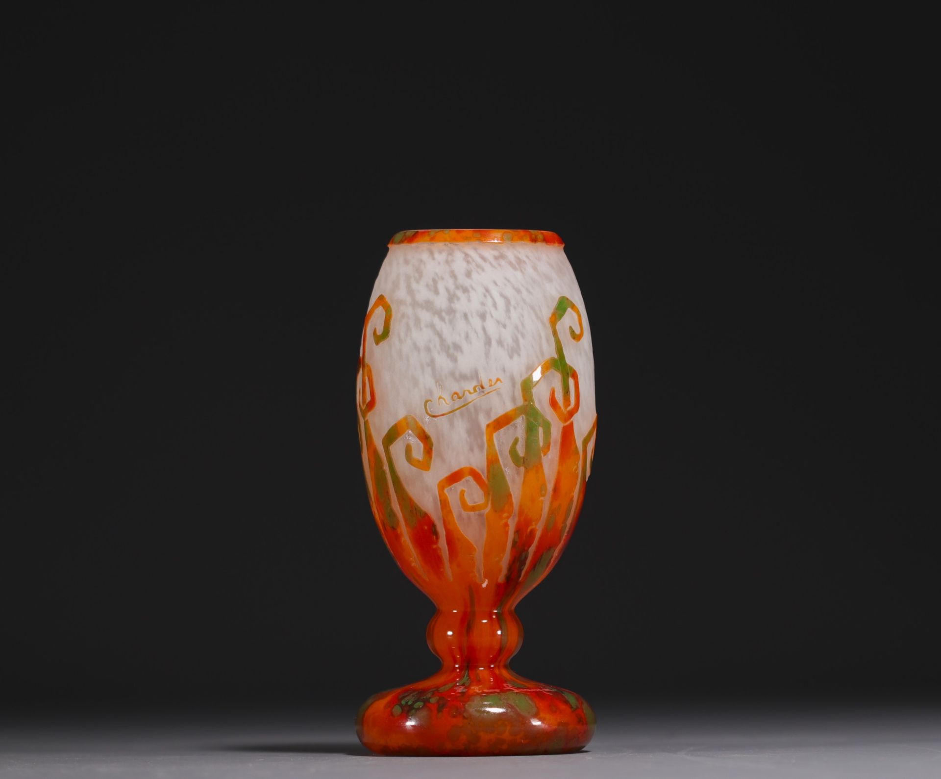 CHARDER - Acid-etched multi-layered glass vase decorated with ferns, signed in the decoration.