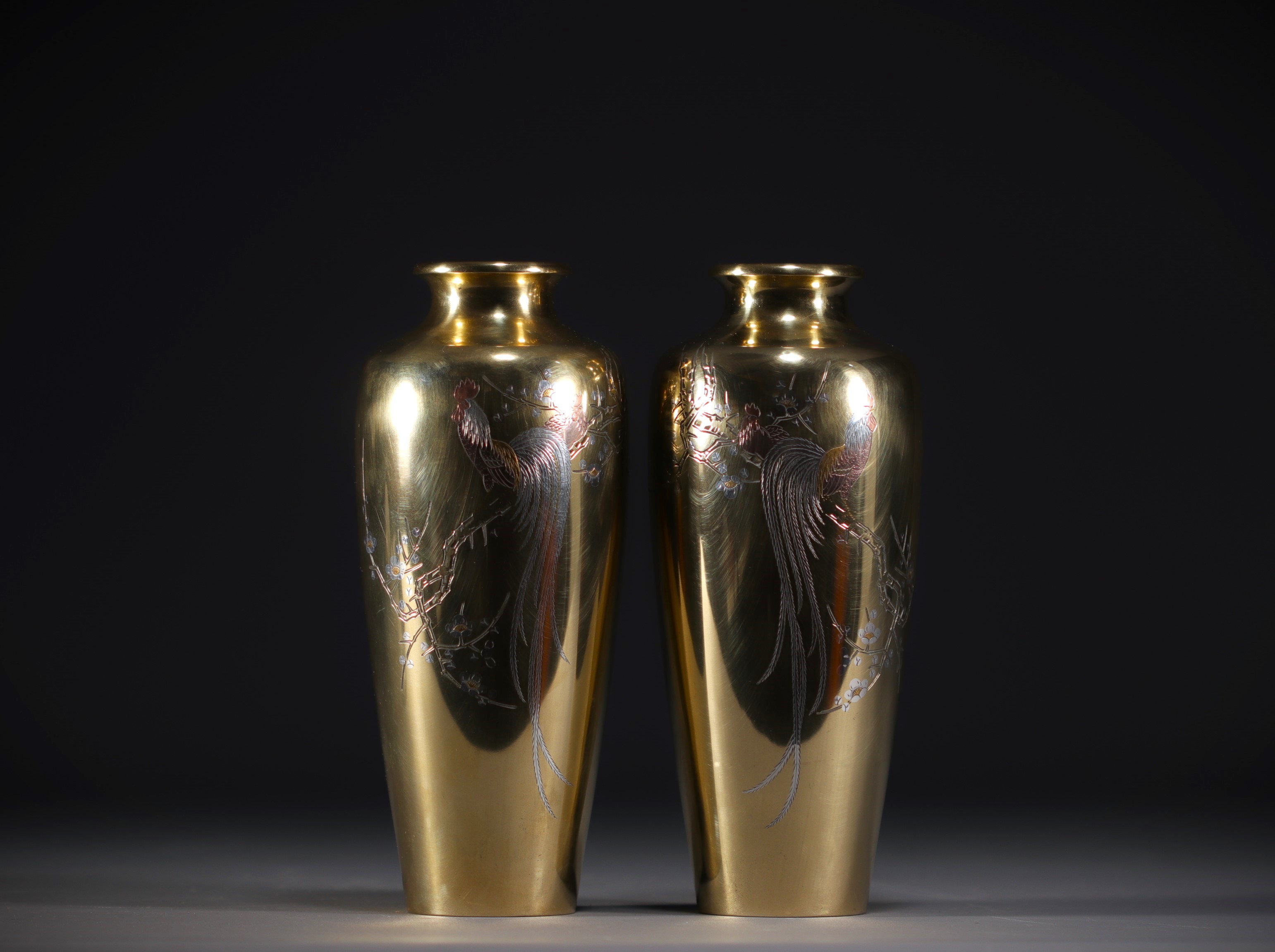 Japan - Pair of gilded bronze vases decorated with roosters, Meiji period.