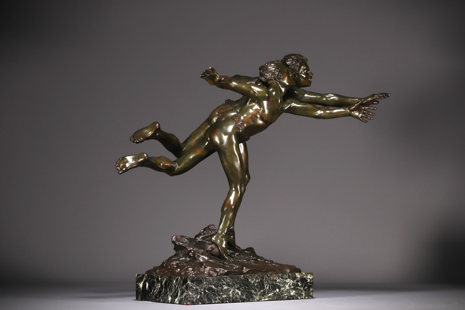 Edouard DROUOT (1859-1945) "La course" Bronze with green and brown shaded patina, on a marble base,  - Image 7 of 8