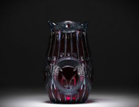 Val Saint Lambert - Rare Art Deco vase decorated with a cat's head in red with blue lining.