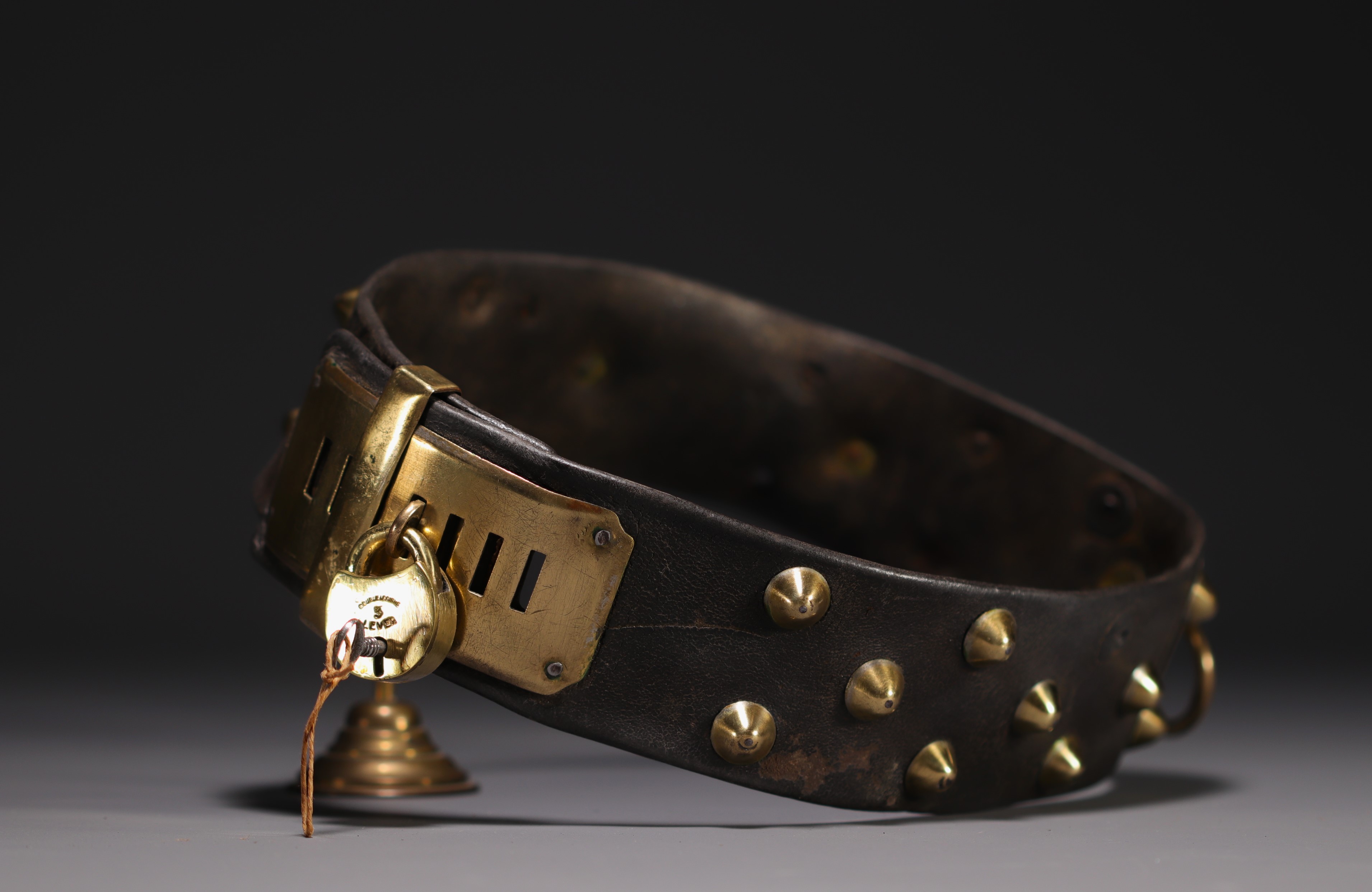 Rare leather and stud dog collar with brass nameplate, 19th century. - Image 3 of 3