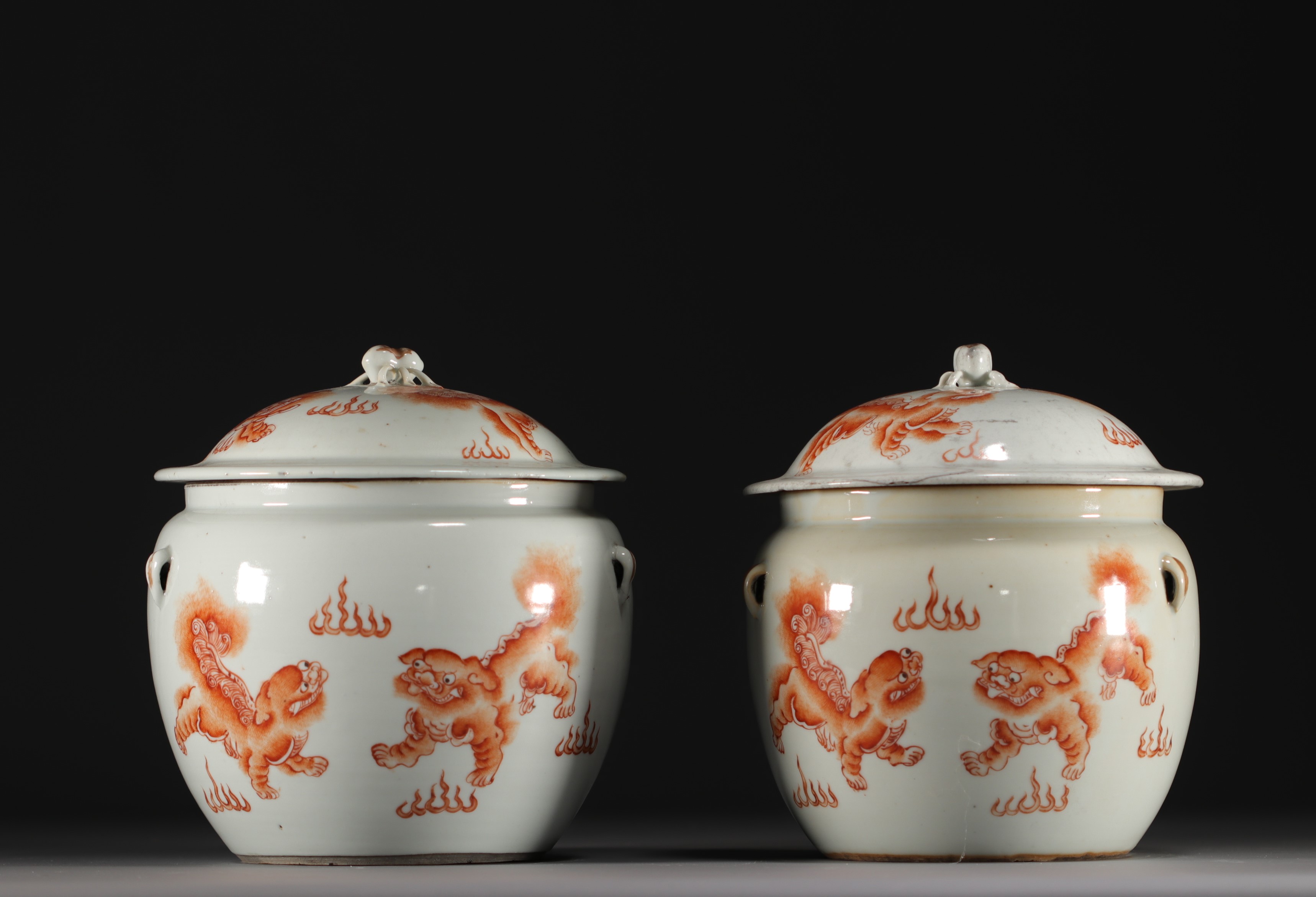 China - Pair of covered terrines decorated with iron-red lions, 19th century. - Image 2 of 4