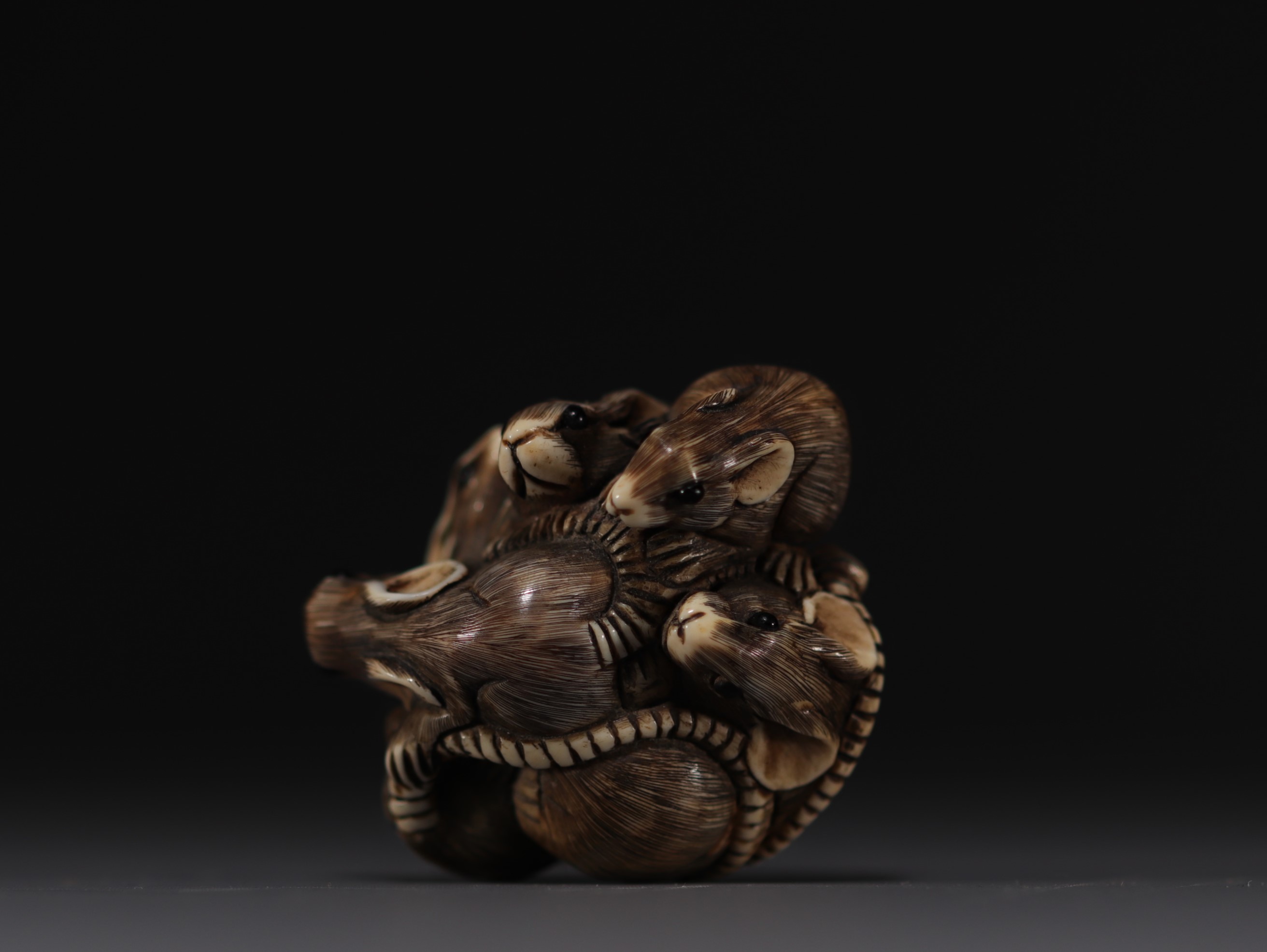 Japan - Ivory and black coral netsuke representing a group of six rats, Meiji. Signed. - Image 2 of 9