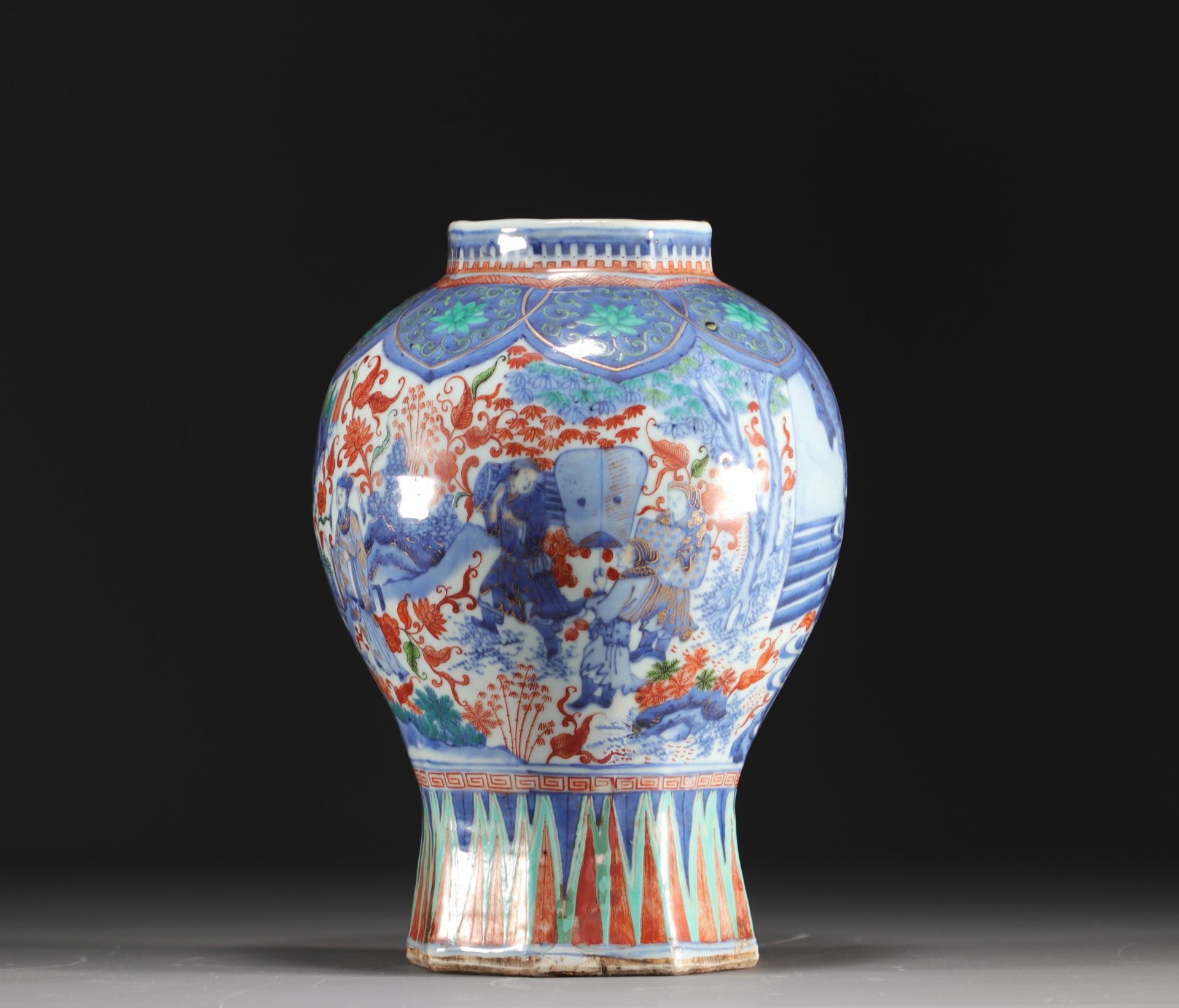 China - Polychrome porcelain vase decorated with figures and landscape, transition period.