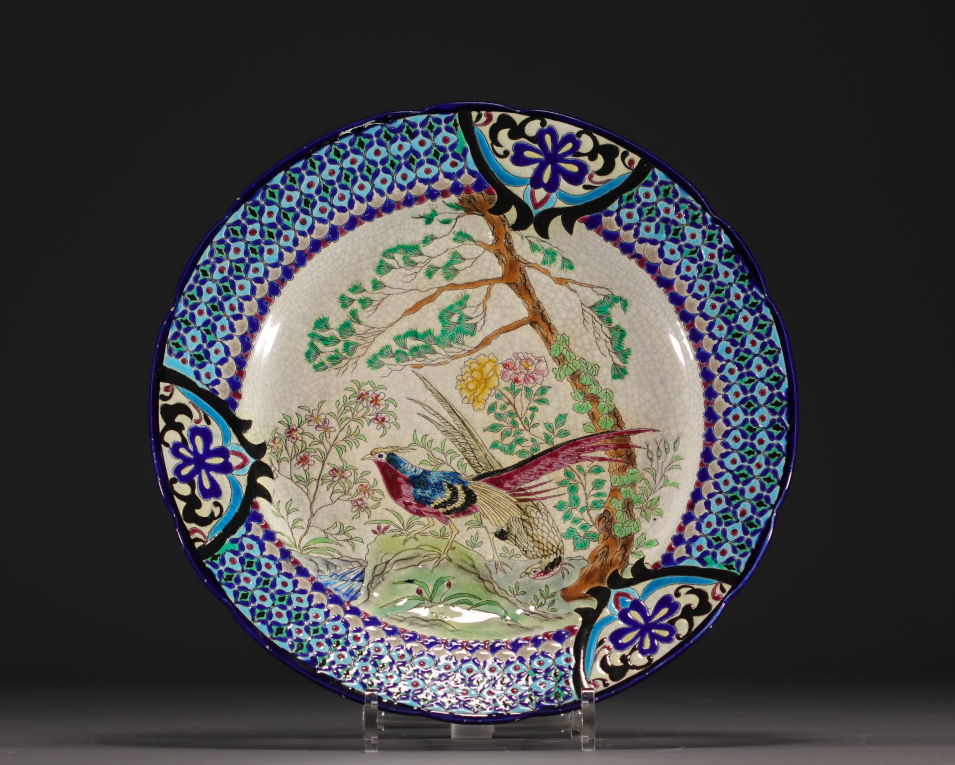 Longwy - Large earthenware and enamel plate decorated with pheasants, 19th century