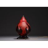 Le Verre Francais - Multilayered glass night-light with plum decoration on a wrought-iron base, sign