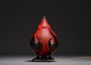 Le Verre Francais - Multilayered glass night-light with plum decoration on a wrought-iron base, sign