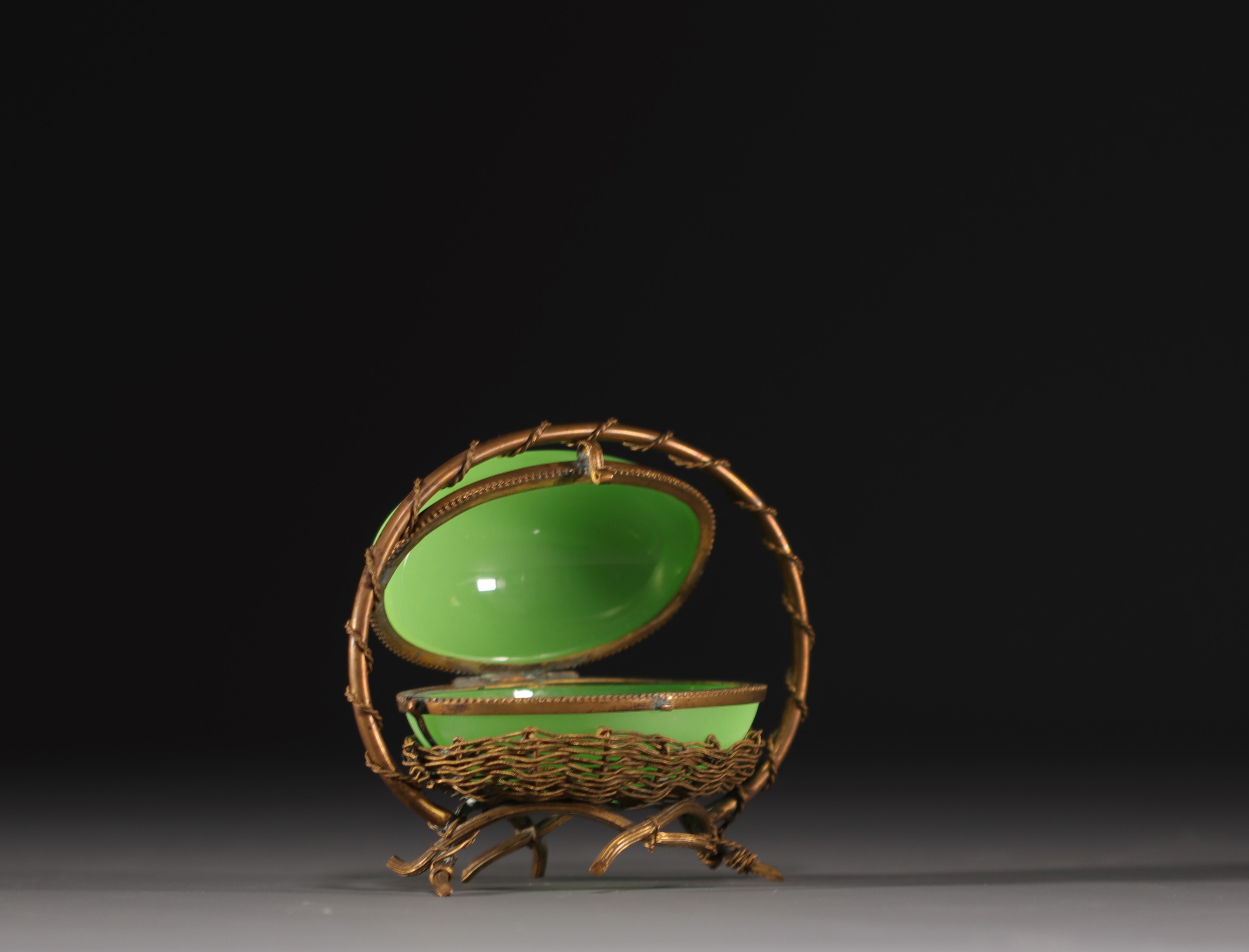 A Napoleon III period egg-shaped jewellery box in green opaline with brass mount. - Image 2 of 4