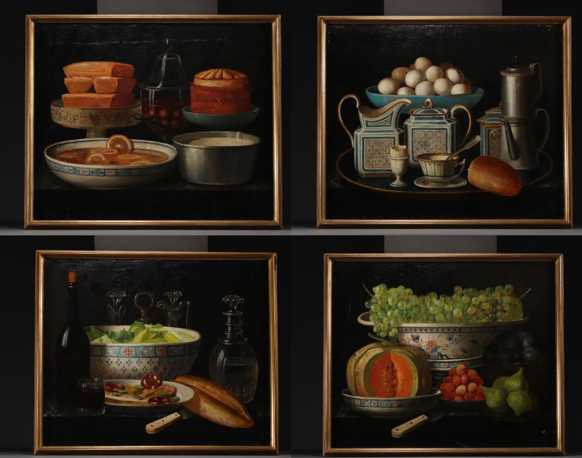 French school, set of four still lifes, oil on canvas, 19th century.