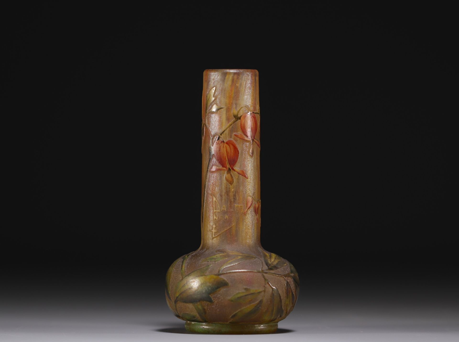 DAUM Nancy - Small acid-etched and enamelled vase with flower design, circa 1900.