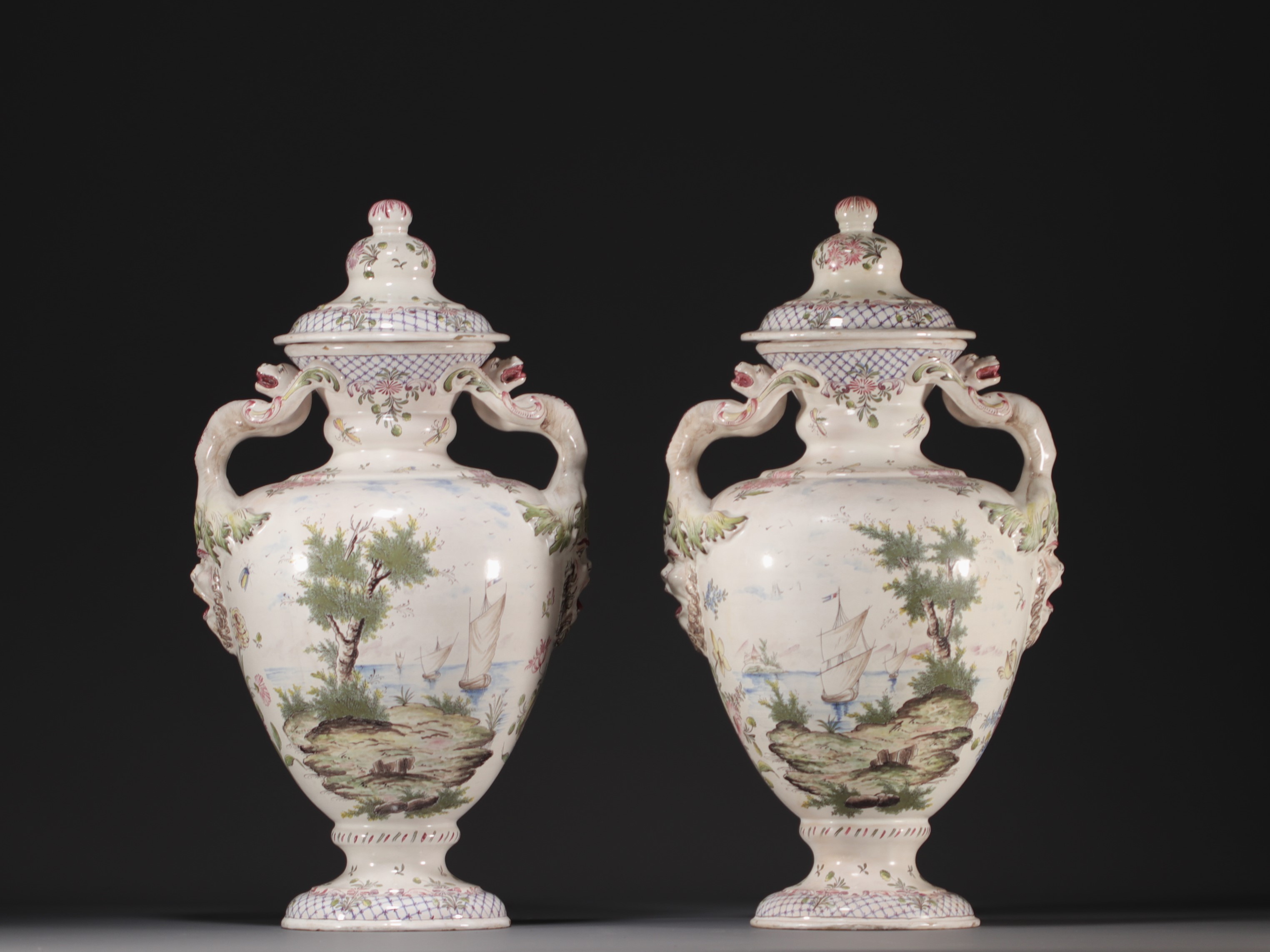 Pair of covered vases in Marseille earthenware, marked JR for Joseph ROBERT(?). - Image 3 of 4