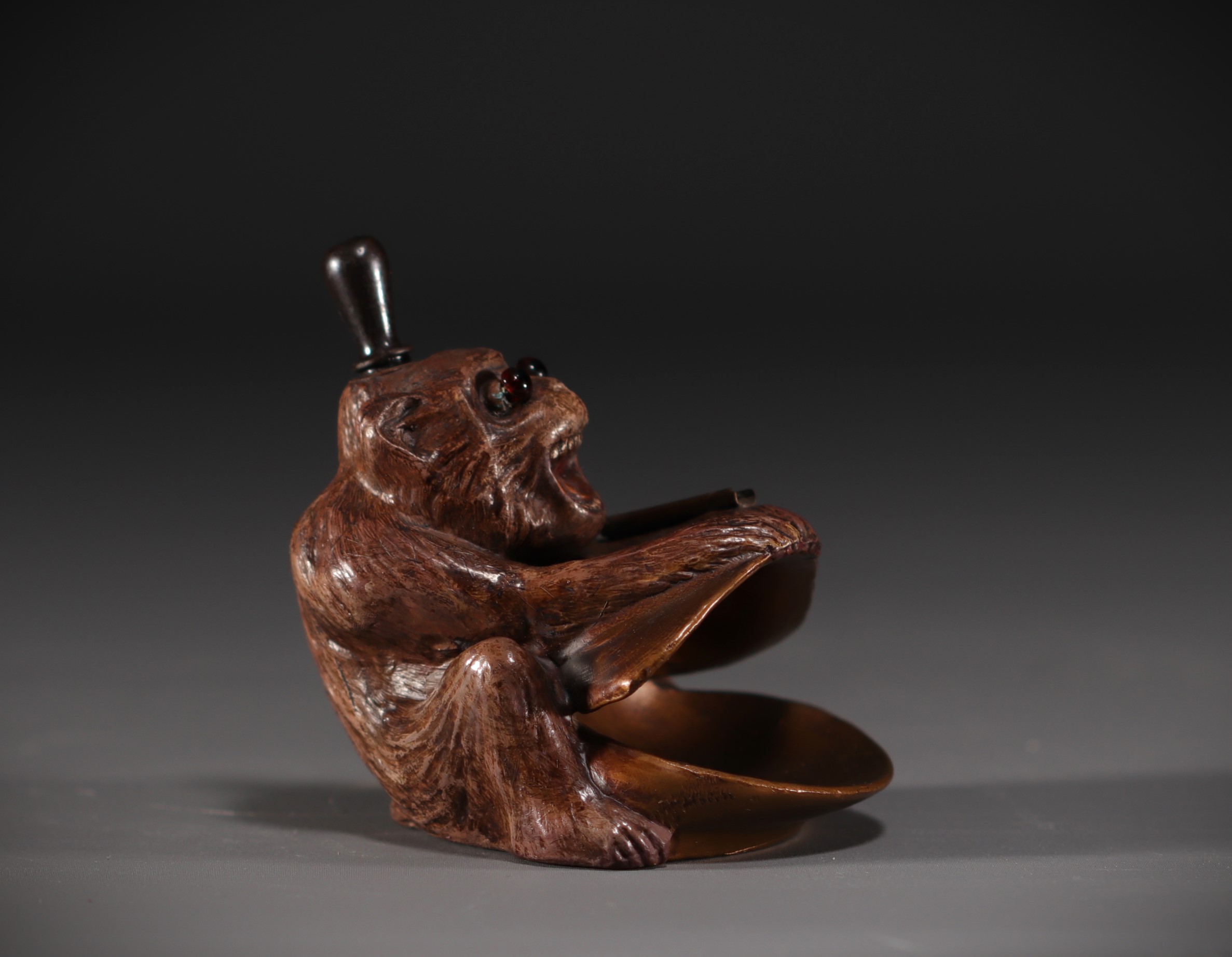 Bronze monkey with wick lighter, sulphide eyes, circa 1900. - Image 3 of 5