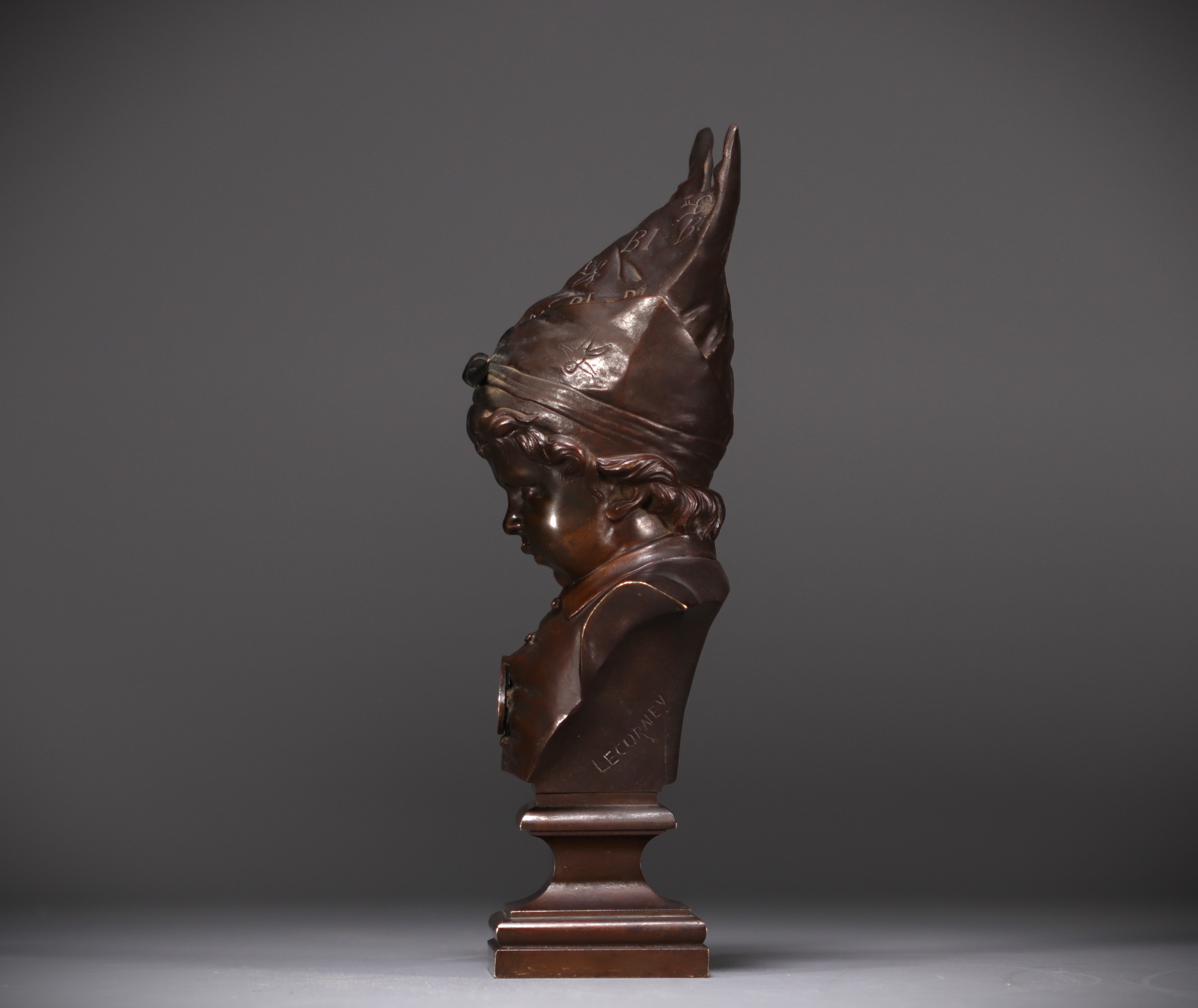 Nicolas LECORNET known as "Lecorney" (1825-1884) "En penitence", child with dunce cap, bronze bust w - Image 2 of 5