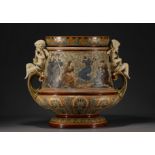 Villeroy & Boch Mettlach - Imposing and rare ceramic planter with figures on a mahogany saddle. Circ