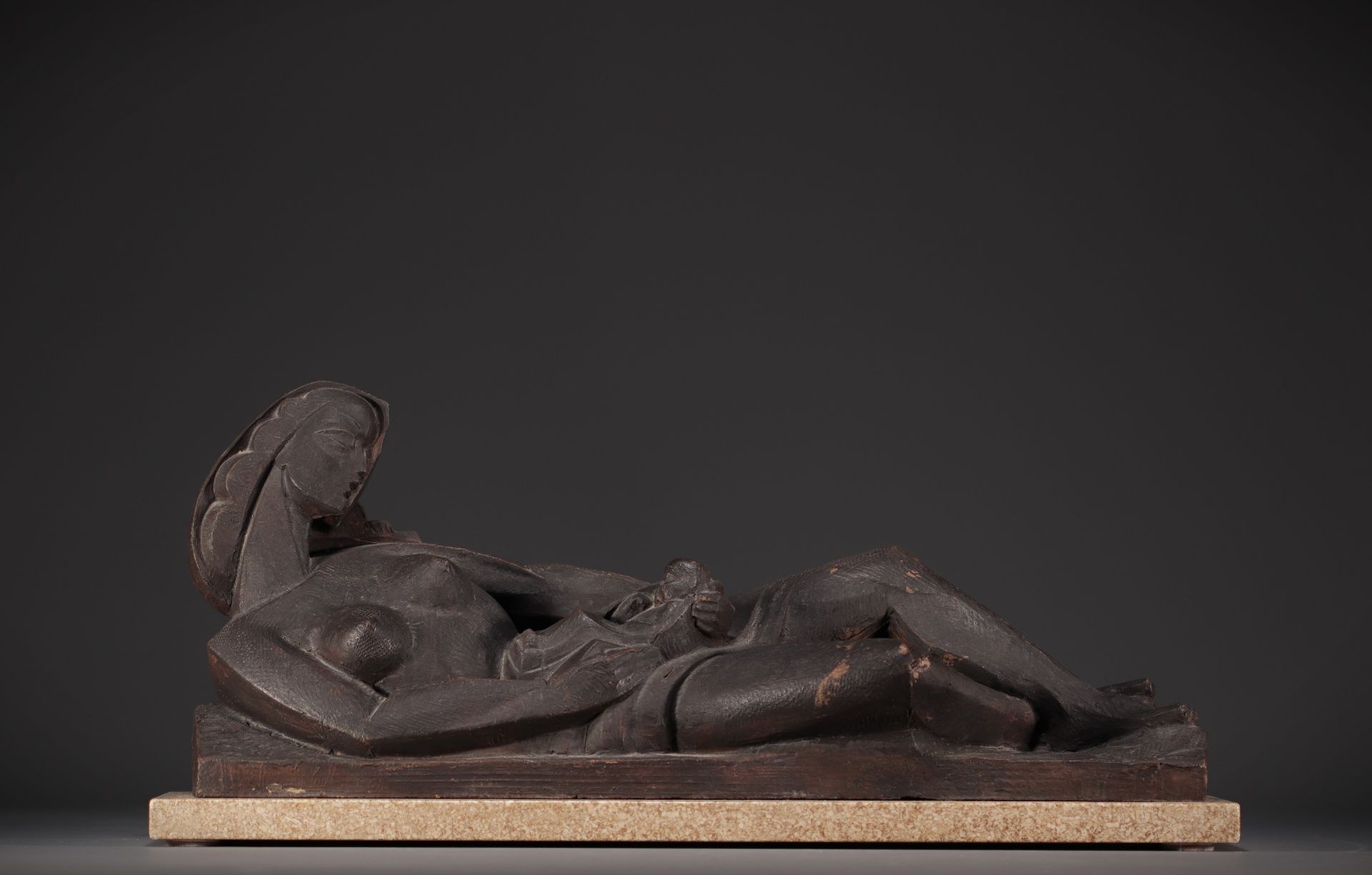Alcide MATHIEUX (1906-1992) "Maternity" Cubist terracotta sculpture on marble base.