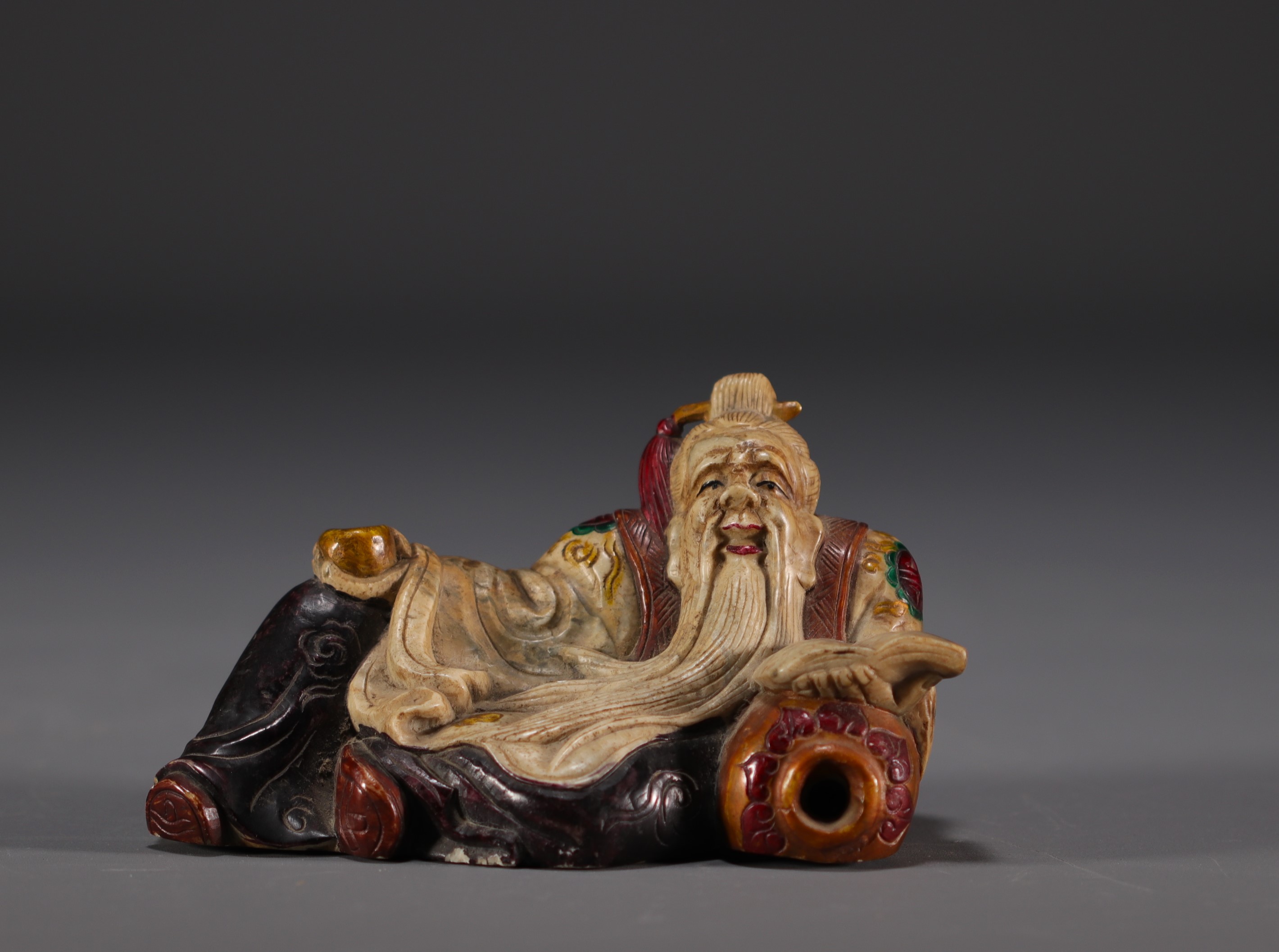 China - Polychrome stone sculpture of a Dignitary on a wooden base. - Image 3 of 4