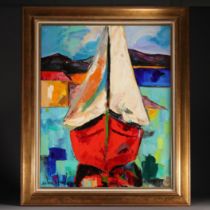 Helene AMBROGIANI (1952- ) "Le bateau rouge" Oil on canvas.