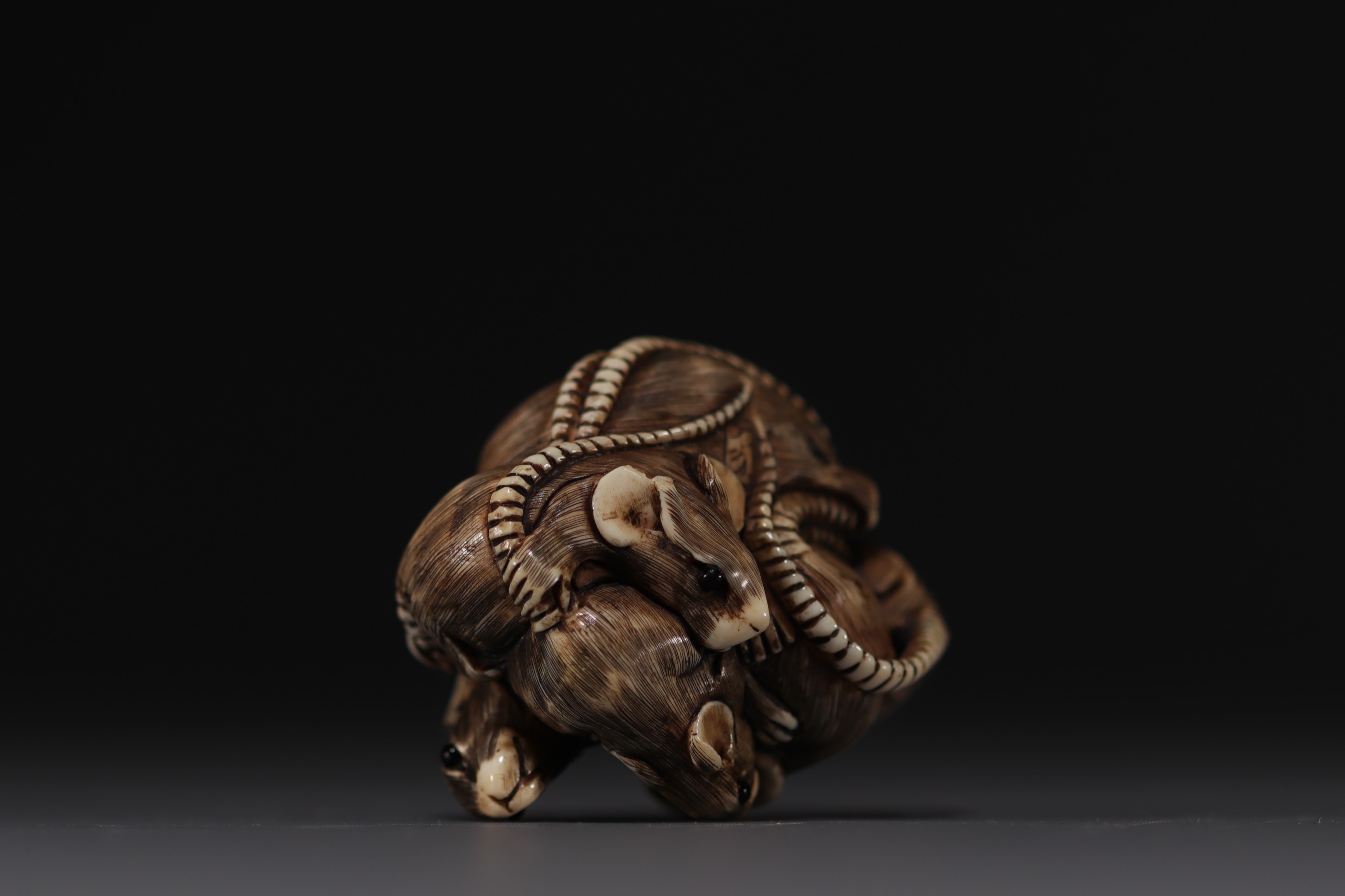 Japan - Ivory and black coral netsuke representing a group of six rats, Meiji. Signed. - Image 8 of 9