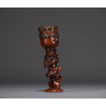 Chokwe tobacco mortar in carved wood with brass nails, early 20th century.