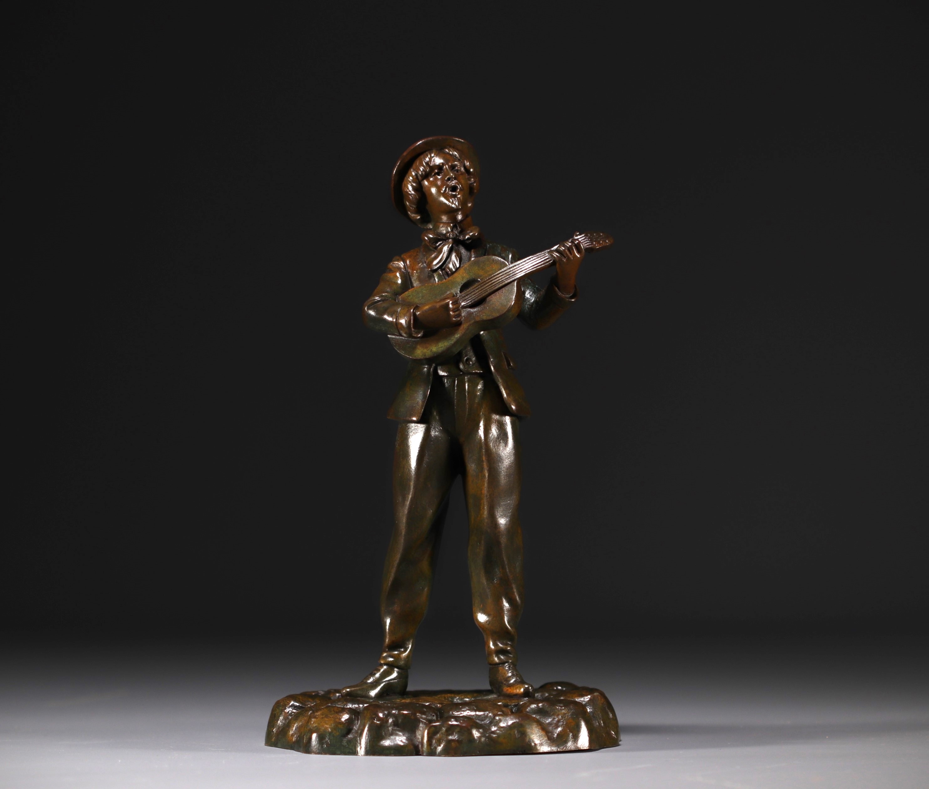 Eugene WATRIN - "Young boy with a guitar" Bronze sculpture.