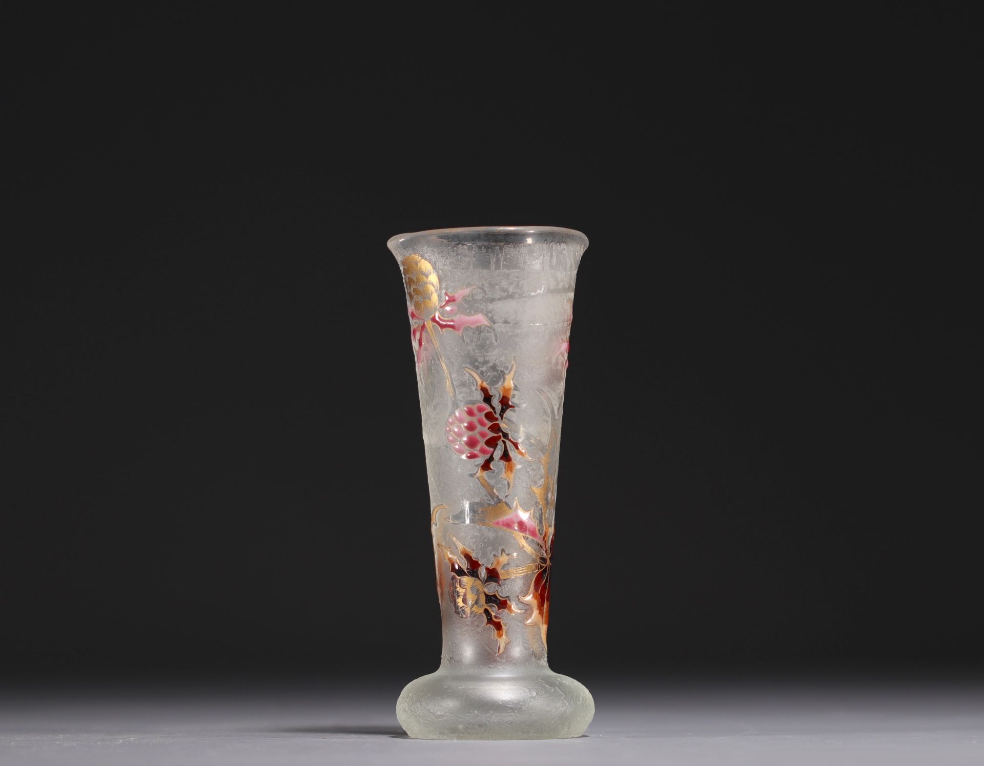 Cristallerie Emile GALLE - Frosted and enamelled vase with blackberry decoration, signed with a roul